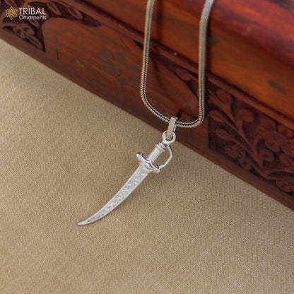 Unisex 925 sterling silver sword-shaped pendant with dagger style design, crafted by TRIBAL ORNAMENTS, shown on a plain background.