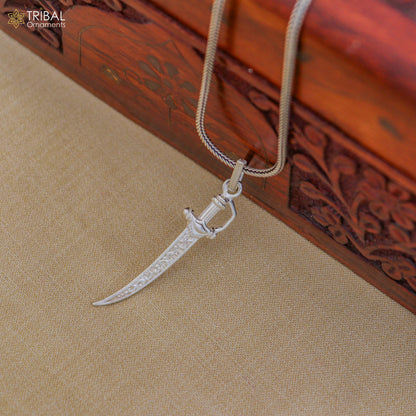 Unisex 925 sterling silver sword-shaped pendant with dagger style design, crafted by TRIBAL ORNAMENTS, displayed on a plain background.