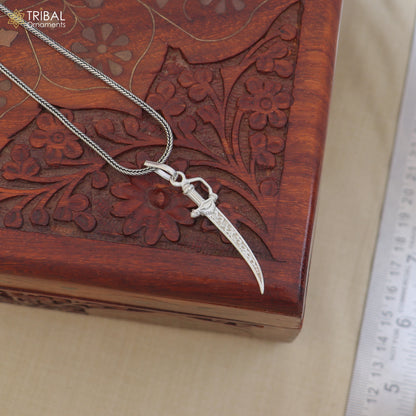 Unisex 925 sterling silver sword-style pendant jewelry with dagger design by TRIBAL ORNAMENTS, displayed on a plain background.