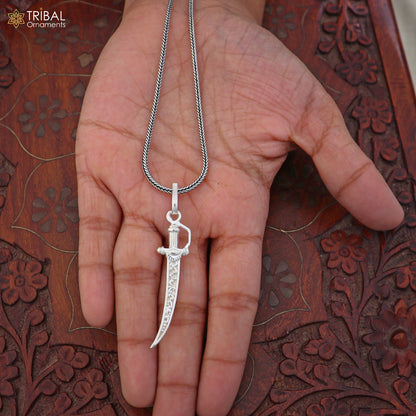 Unisex 925 sterling silver sword-shaped pendant with dagger design, featuring intricate tribal ornament details on a jewelry chain.