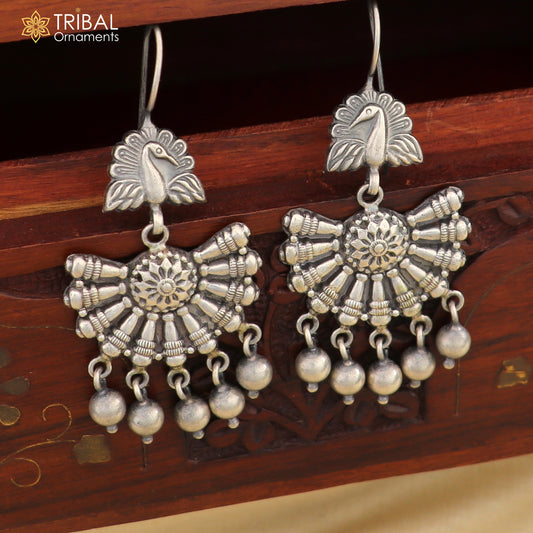 925 sterling silver antique peacock design hoops earrings hanging jingle bells tribal jewelry  s354