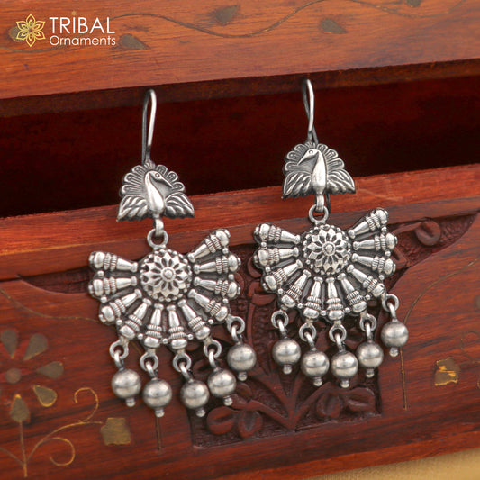 925 sterling silver antique peacock design hoops earrings hanging jingle bells tribal jewelry  s354