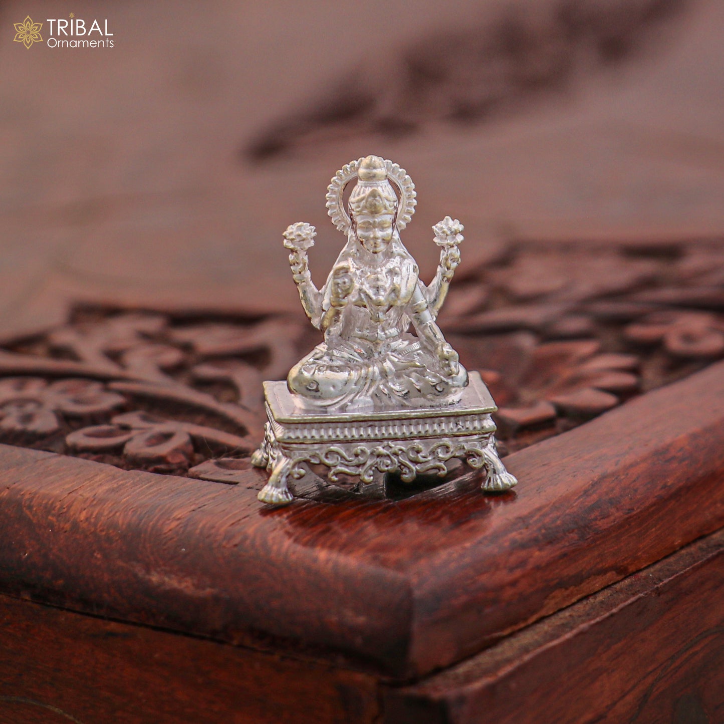925 silver Goddess Lakshmi ji figurine for Diwali festival puja, detailed silver statue by TRIBAL ORNAMENTS.