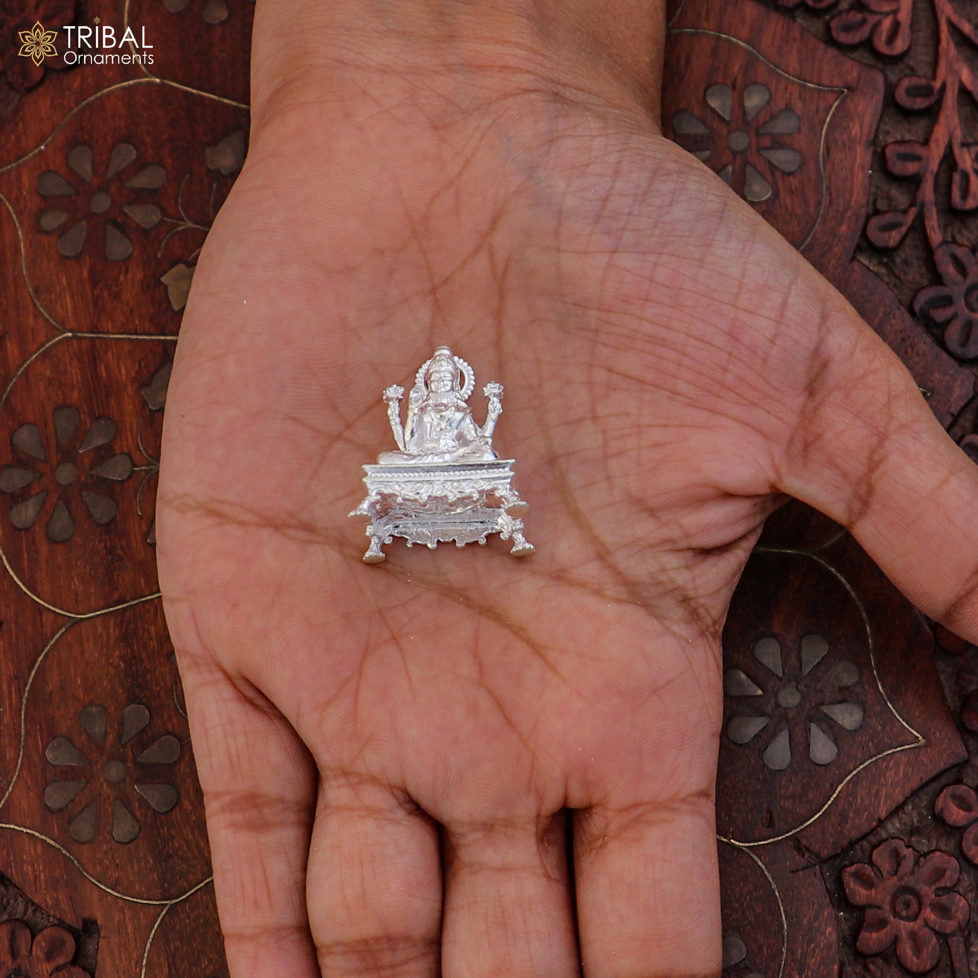 925 silver Goddess Lakshmi ji figurine for Diwali puja, detailed Hindu deity statue, crafted by TRIBAL ORNAMENTS.