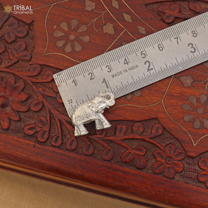 925 Sterling silver elephant sculpture figurine by Tribal Ornaments, detailed puja article symbolizing wealth and prosperity.
