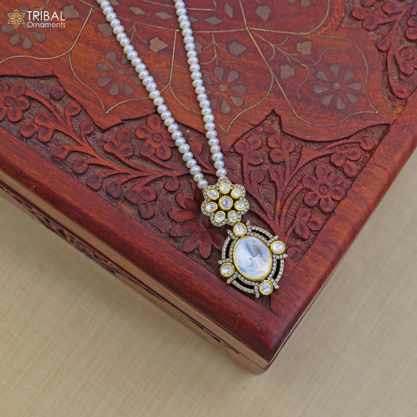 925 sterling silver kundan stone with beaded pearl mala polki charm necklace jewelry set811 - TRIBAL ORNAMENTS