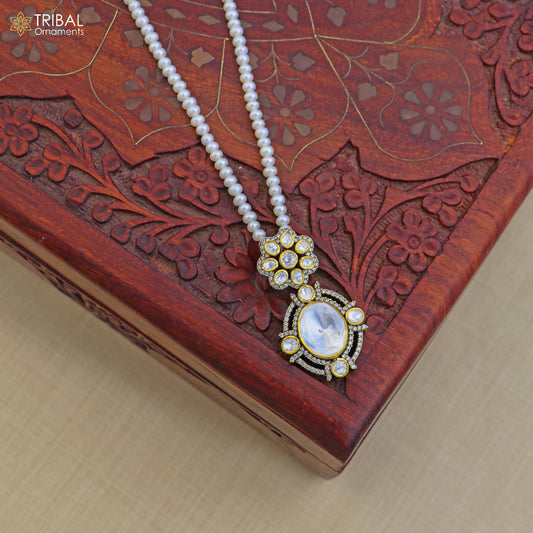 925 sterling silver kundan stone with beaded pearl mala polki charm necklace jewelry set811 - TRIBAL ORNAMENTS