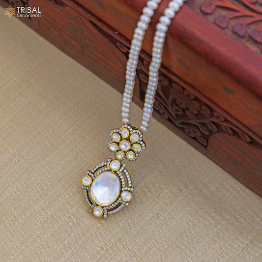 925 sterling silver kundan stone with beaded pearl mala polki charm necklace jewelry set811 - TRIBAL ORNAMENTS