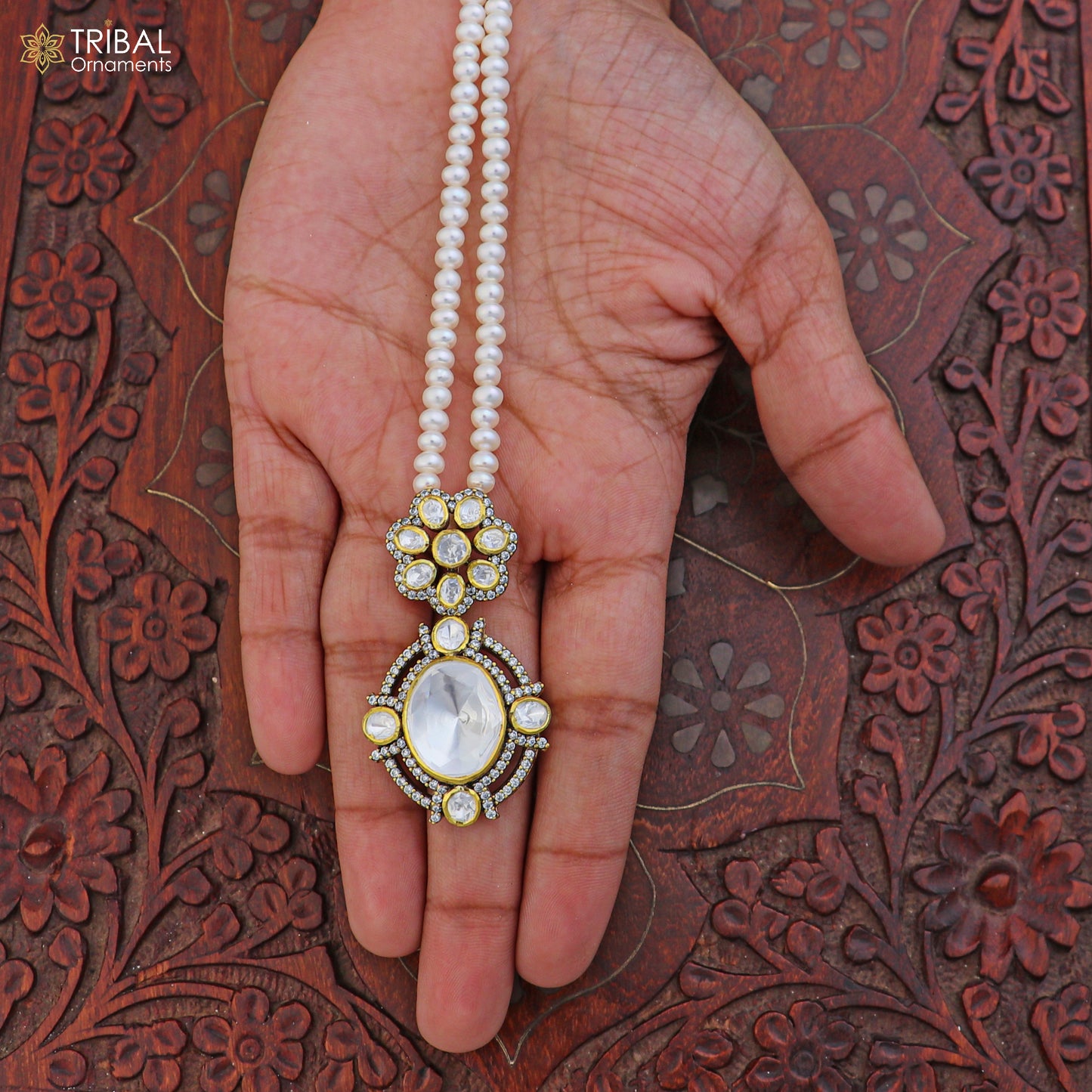 925 sterling silver kundan stone with beaded pearl mala polki charm necklace jewelry set811 - TRIBAL ORNAMENTS