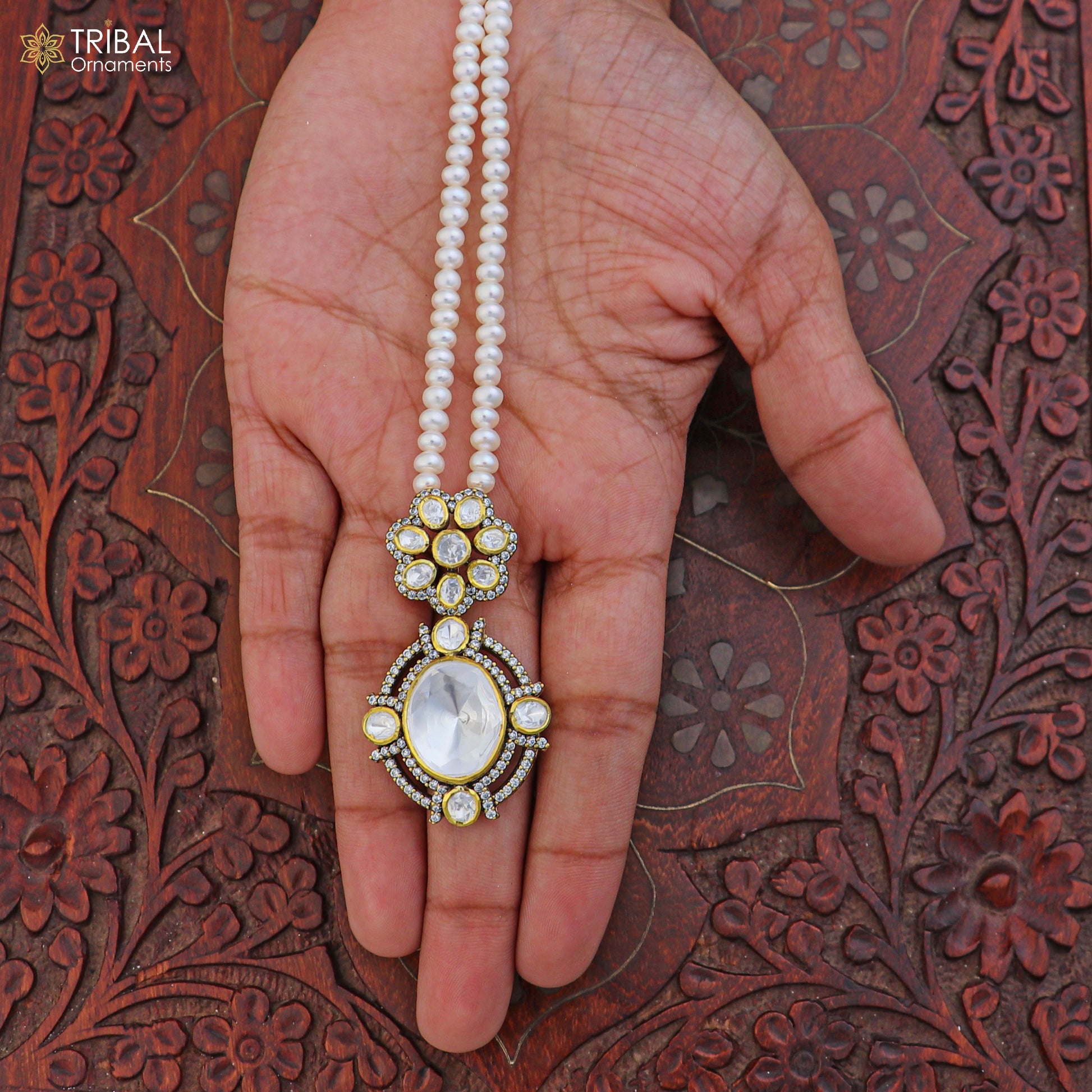 925 sterling silver kundan stone with beaded pearl mala polki charm necklace jewelry set811 - TRIBAL ORNAMENTS