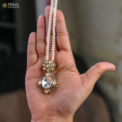 925 sterling silver kundan stone with beaded pearl mala polki charm necklace jewelry set811 - TRIBAL ORNAMENTS