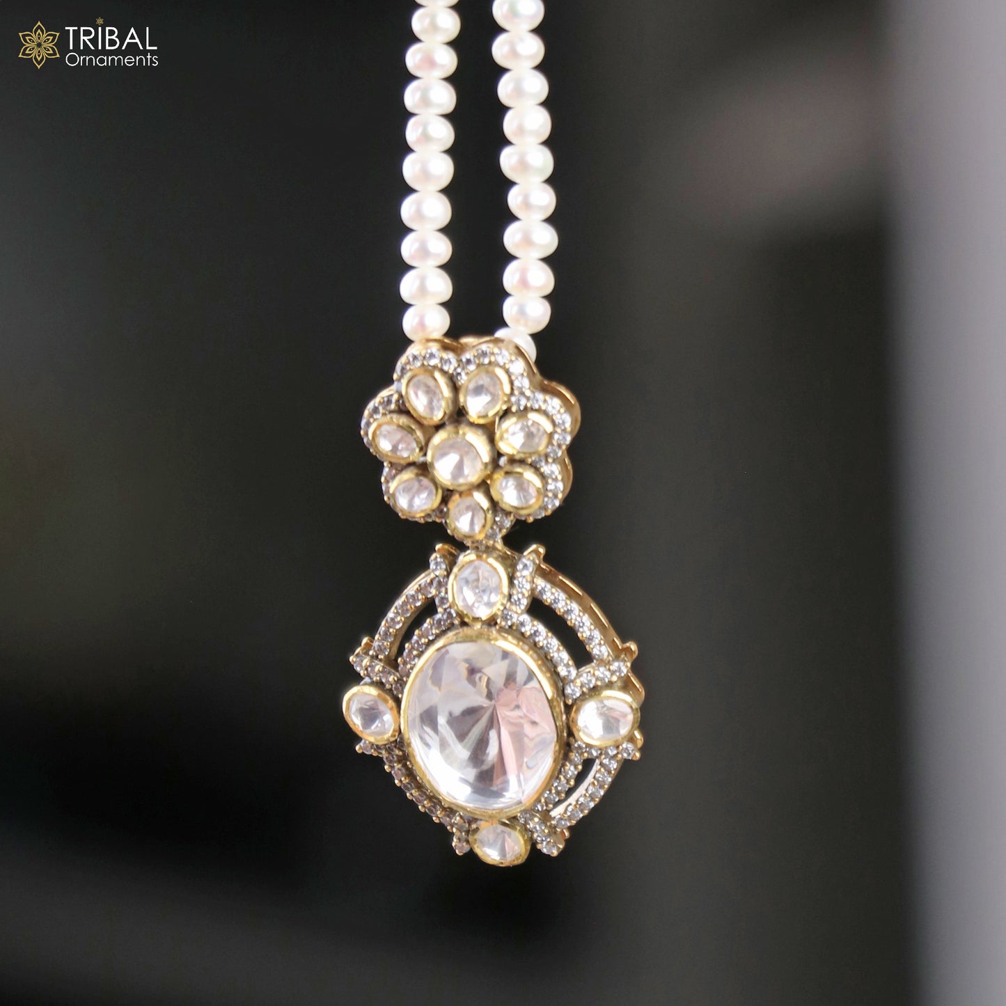 925 sterling silver kundan stone with beaded pearl mala polki charm necklace jewelry set811 - TRIBAL ORNAMENTS