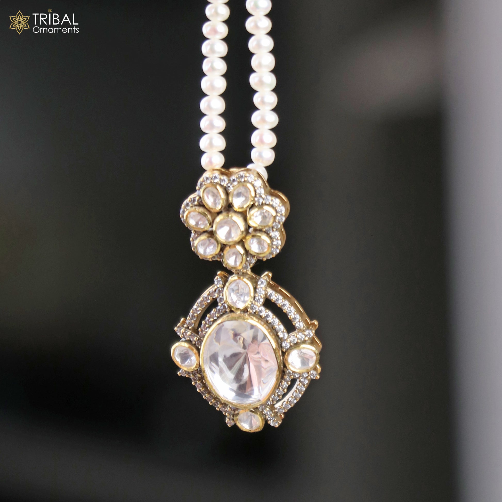 925 sterling silver kundan stone with beaded pearl mala polki charm necklace jewelry set811 - TRIBAL ORNAMENTS