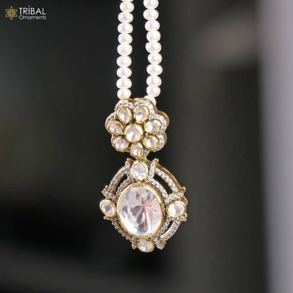 925 sterling silver kundan stone with beaded pearl mala polki charm necklace jewelry set811 - TRIBAL ORNAMENTS