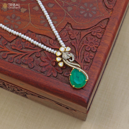 925 sterling silver kundan work polki charm pendant with pearl necklace jewelry set by TRIBAL ORNAMENTS, featuring intricate design and pearls