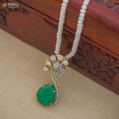 925 sterling silver kundan work polki charm pendant with pearl necklace jewelry set, featuring intricate traditional design by TRIBAL ORNAMENTS