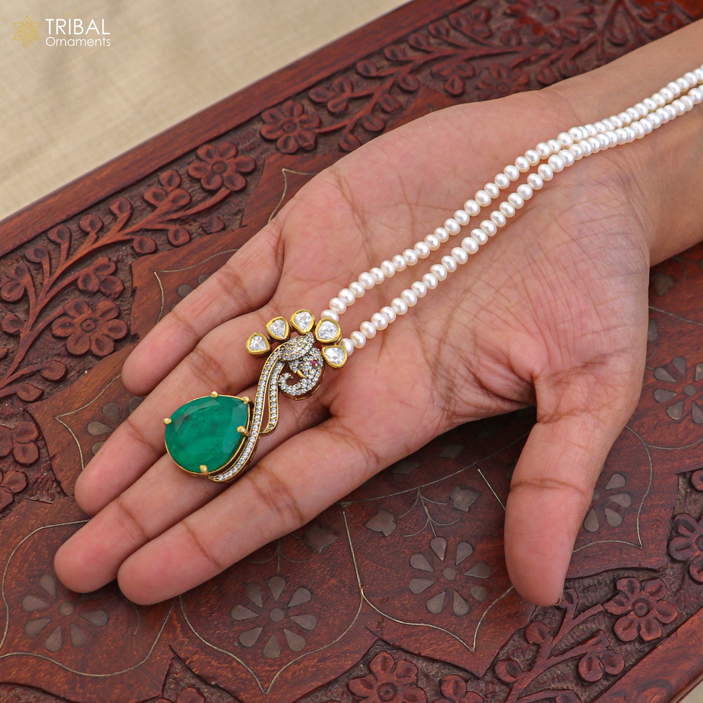 925 sterling silver kundan stone with beaded pearl mala polki charm necklace jewelry set812 - TRIBAL ORNAMENTS