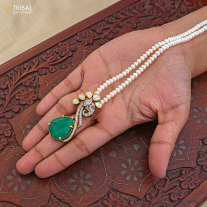 925 sterling silver kundan stone with beaded pearl mala polki charm necklace jewelry set812 - TRIBAL ORNAMENTS