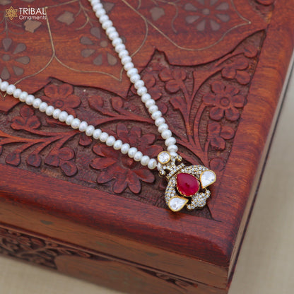 925 sterling silver kundan work polki charm pendant with  pearl necklace jewelry set813 - TRIBAL ORNAMENTS