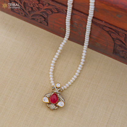 925 sterling silver kundan work polki charm pendant with  pearl necklace jewelry set813 - TRIBAL ORNAMENTS