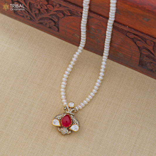 925 sterling silver kundan work polki charm pendant with  pearl necklace jewelry set813 - TRIBAL ORNAMENTS
