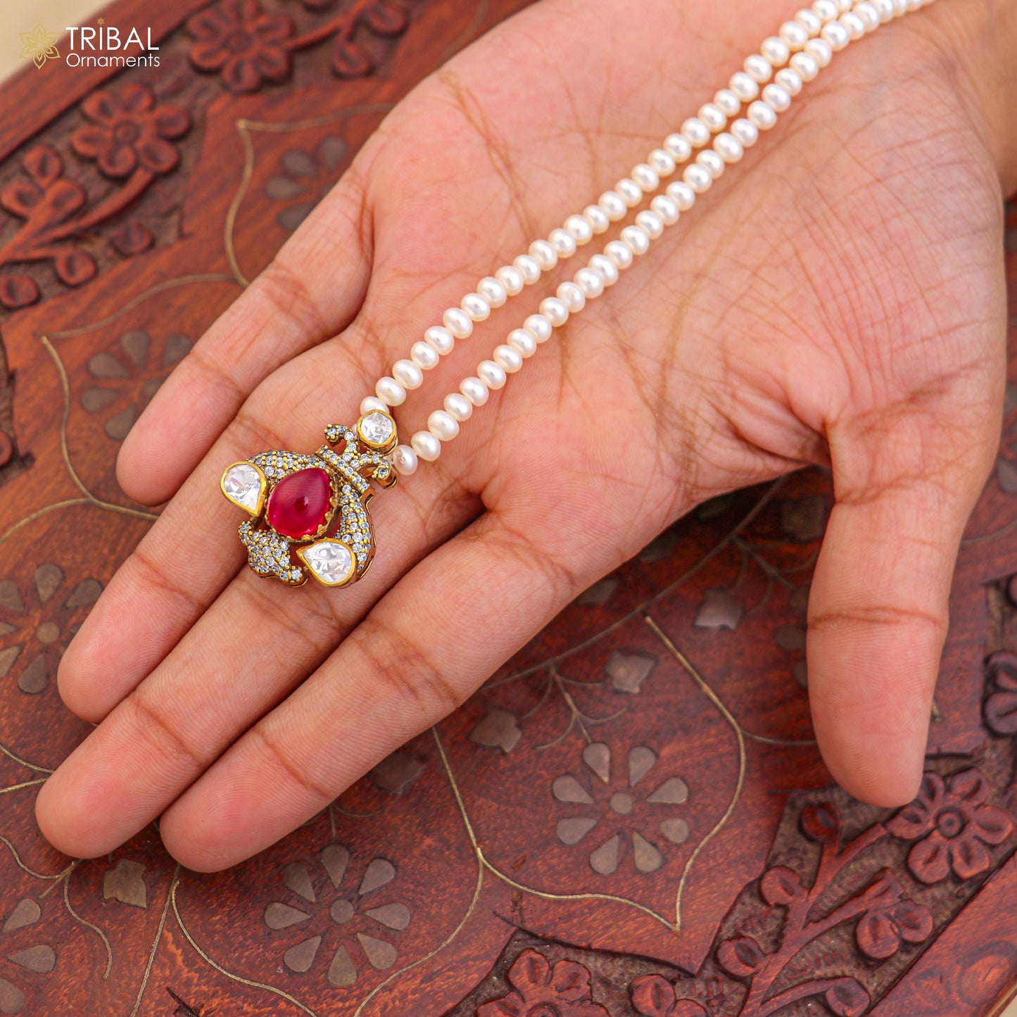 925 sterling silver kundan work polki charm pendant with  pearl necklace jewelry set813 - TRIBAL ORNAMENTS