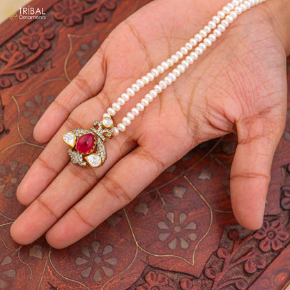 925 sterling silver kundan work polki charm pendant with  pearl necklace jewelry set813 - TRIBAL ORNAMENTS