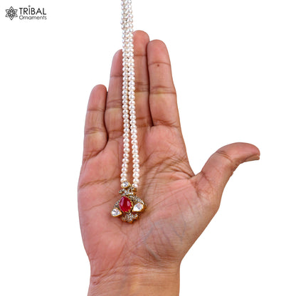 925 sterling silver kundan work polki charm pendant with  pearl necklace jewelry set813 - TRIBAL ORNAMENTS
