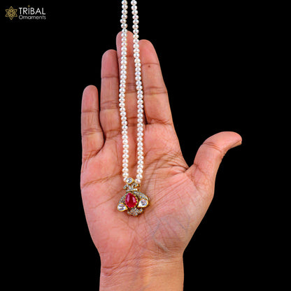 925 sterling silver kundan work polki charm pendant with  pearl necklace jewelry set813 - TRIBAL ORNAMENTS
