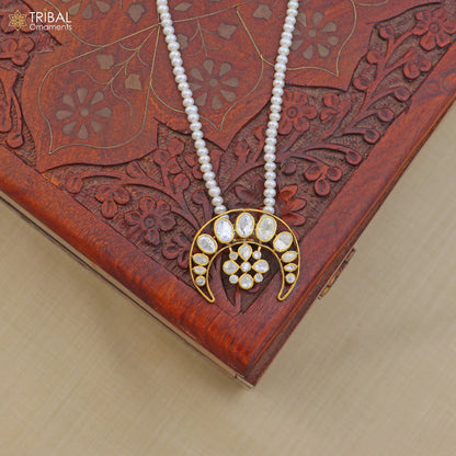 925 sterling silver kundan work polki charm pendant with  pearl necklace jewelry set814 - TRIBAL ORNAMENTS