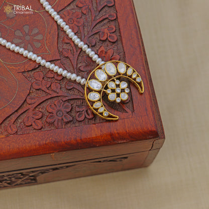 925 sterling silver kundan work polki charm pendant with  pearl necklace jewelry set814 - TRIBAL ORNAMENTS