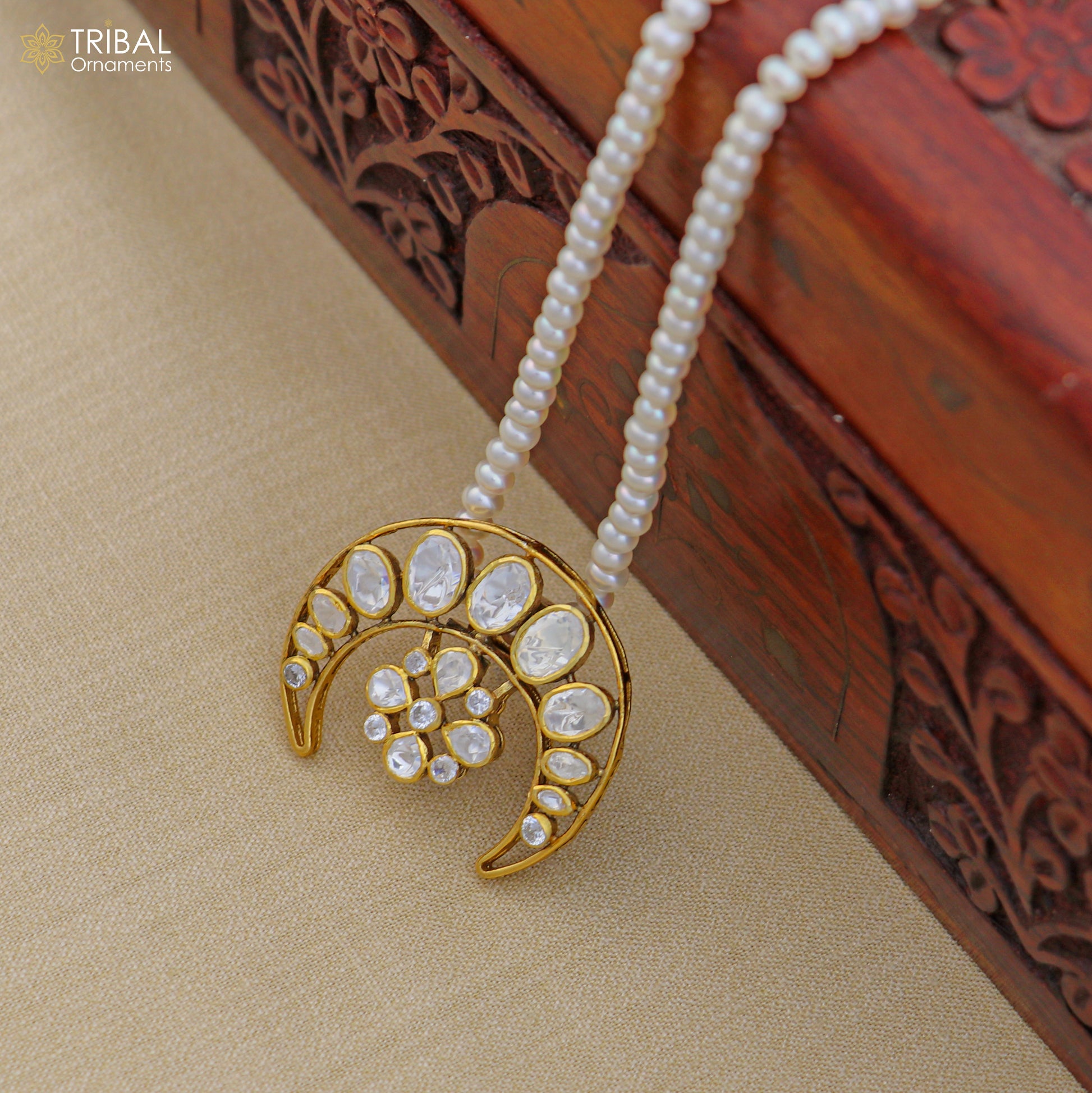 925 sterling silver kundan work polki charm pendant with  pearl necklace jewelry set814 - TRIBAL ORNAMENTS