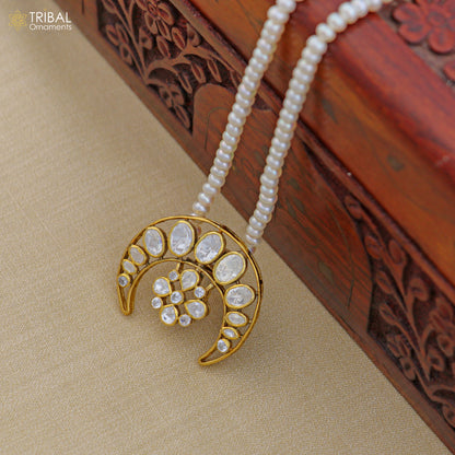 925 sterling silver kundan work polki charm pendant with  pearl necklace jewelry set814 - TRIBAL ORNAMENTS