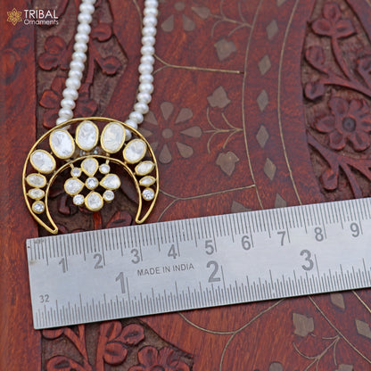 925 sterling silver kundan work polki charm pendant with  pearl necklace jewelry set814 - TRIBAL ORNAMENTS