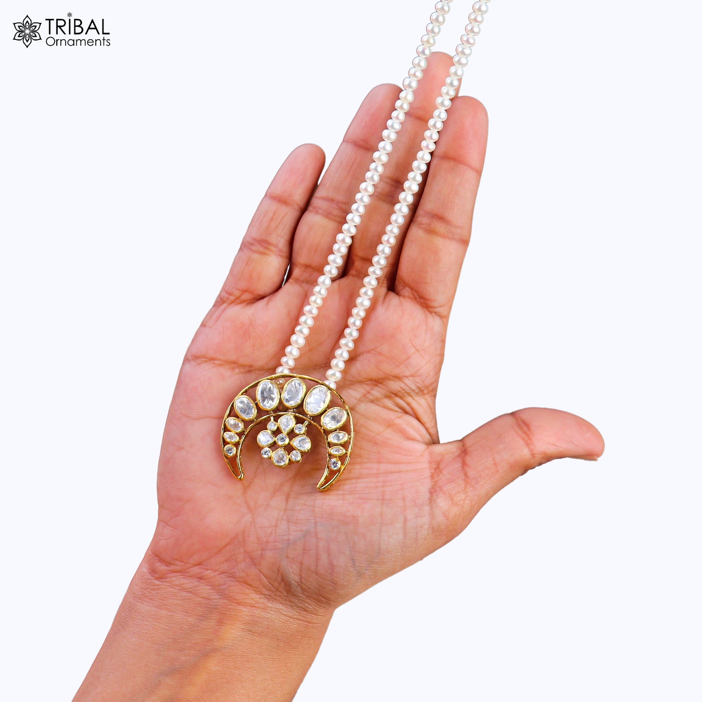 925 sterling silver kundan work polki charm pendant with  pearl necklace jewelry set814 - TRIBAL ORNAMENTS