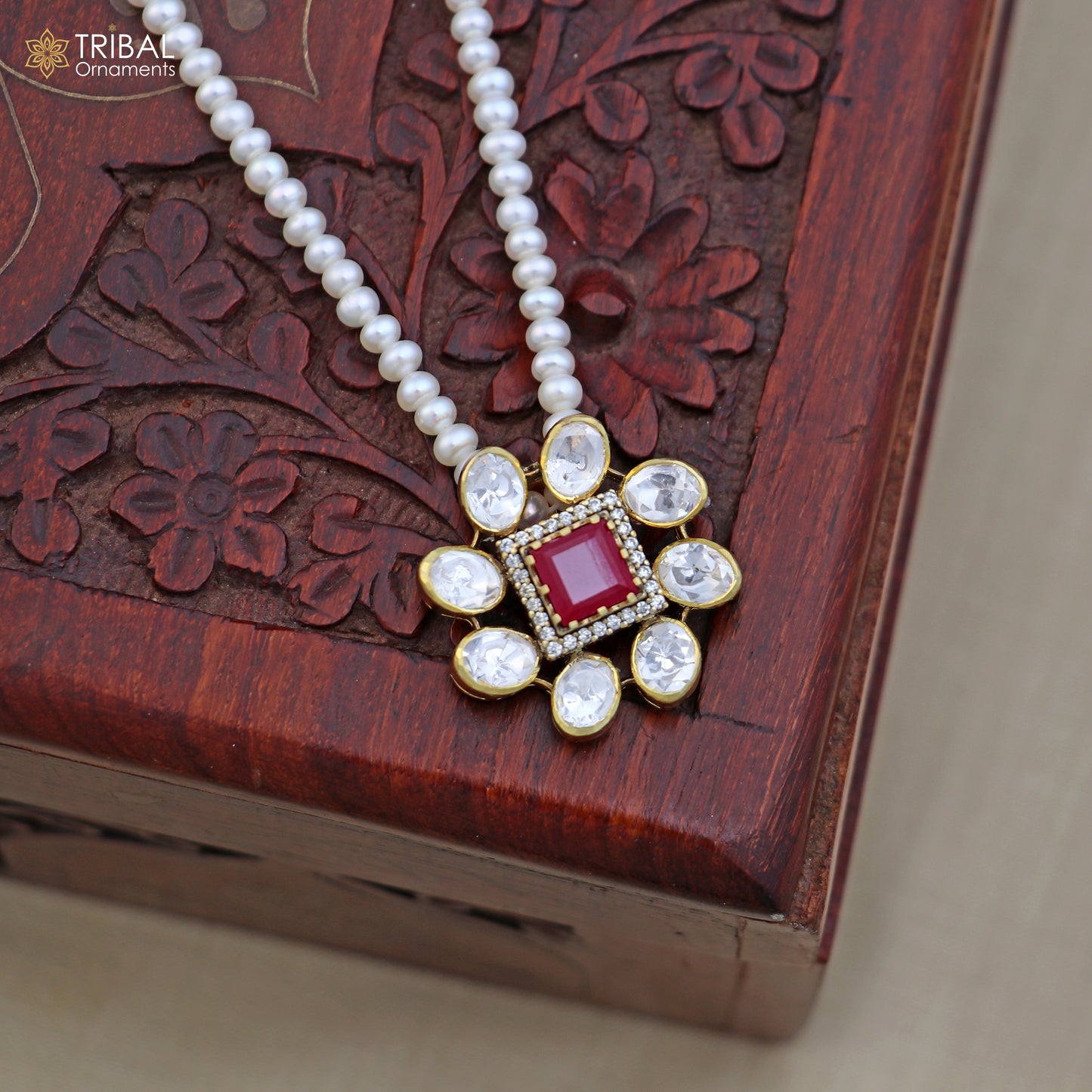 925 sterling silver kundan work polki charm pendant with  pearl necklace jewelry set815 - TRIBAL ORNAMENTS
