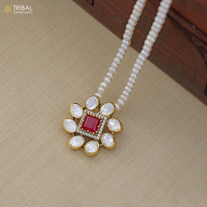 925 sterling silver kundan work polki charm pendant with pearl necklace jewelry set by TRIBAL ORNAMENTS displayed on a white background.