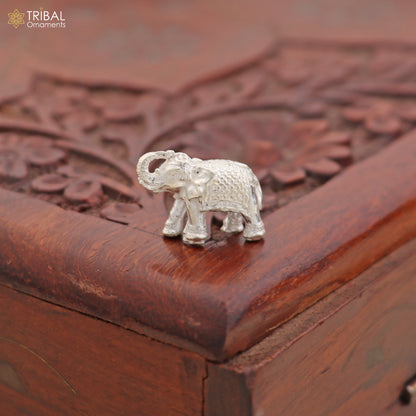 925 Sterling silver elephant sculpture figurine by Tribal Ornaments, detailed puja art for wealth and prosperity decoration.