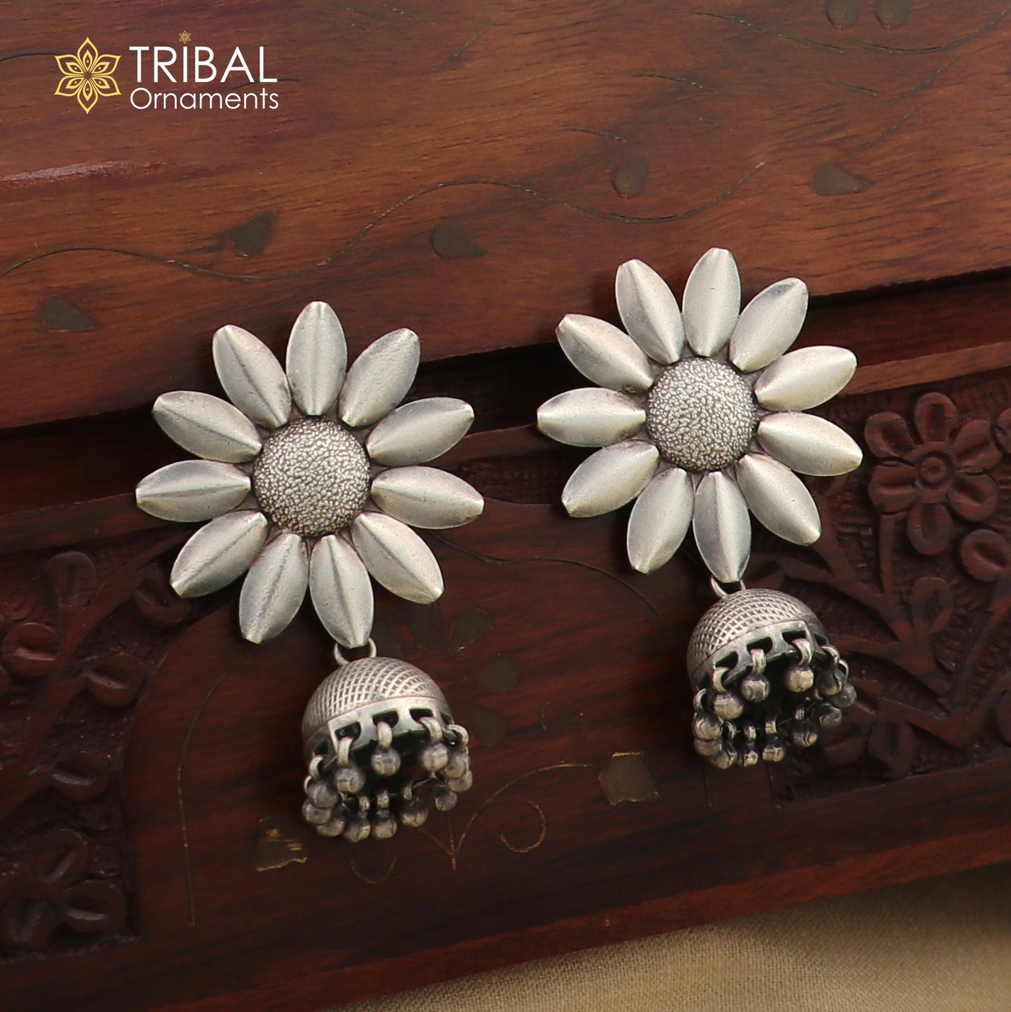 925 sterling silver large round flower design stud earring with hanging jhumka, best ethnic tribal jewelry s1108