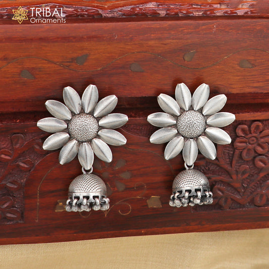 925 sterling silver large round flower design stud earring with hanging jhumka, best ethnic tribal jewelry s1108