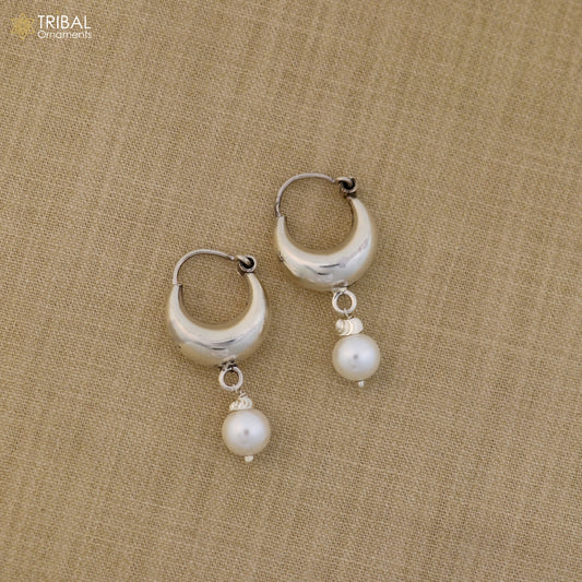 925 sterling silver plain shining hoops earrings Bali style kundal unisex jewelry er259 - TRIBAL ORNAMENTS