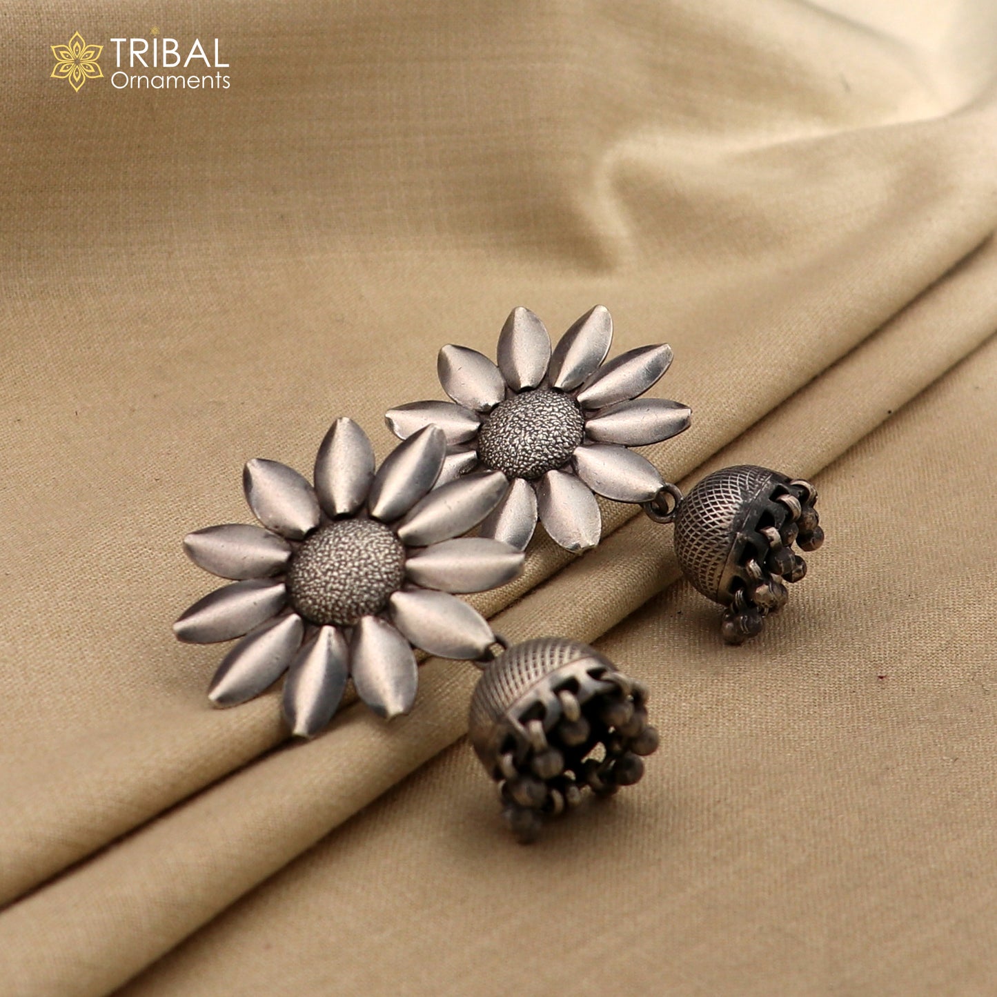 925 sterling silver large round flower design stud earring with hanging jhumka, best ethnic tribal jewelry s1108