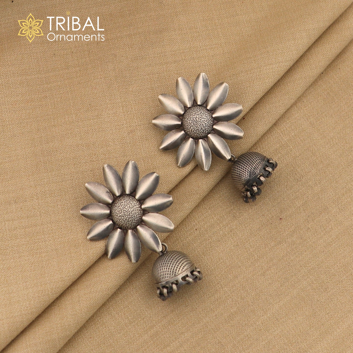 925 sterling silver large round flower design stud earring with hanging jhumka, best ethnic tribal jewelry s1108