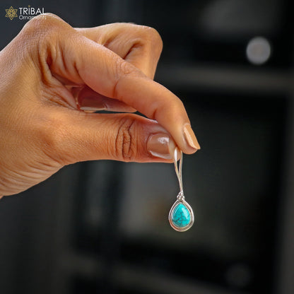 925 sterling silver oval shape turquoise stone drop dangle earrings jewelry er265 - TRIBAL ORNAMENTS