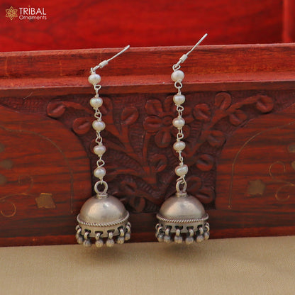 925 sterling silver jumka earrings with pearl oxidized jewelry er264 - TRIBAL ORNAMENTS