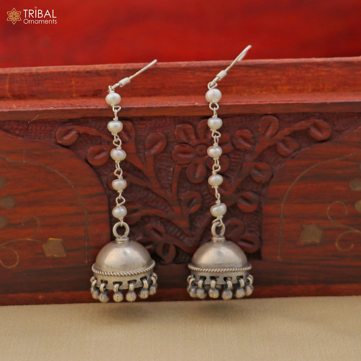 925 sterling silver jumka earrings with pearl oxidized jewelry er264 - TRIBAL ORNAMENTS