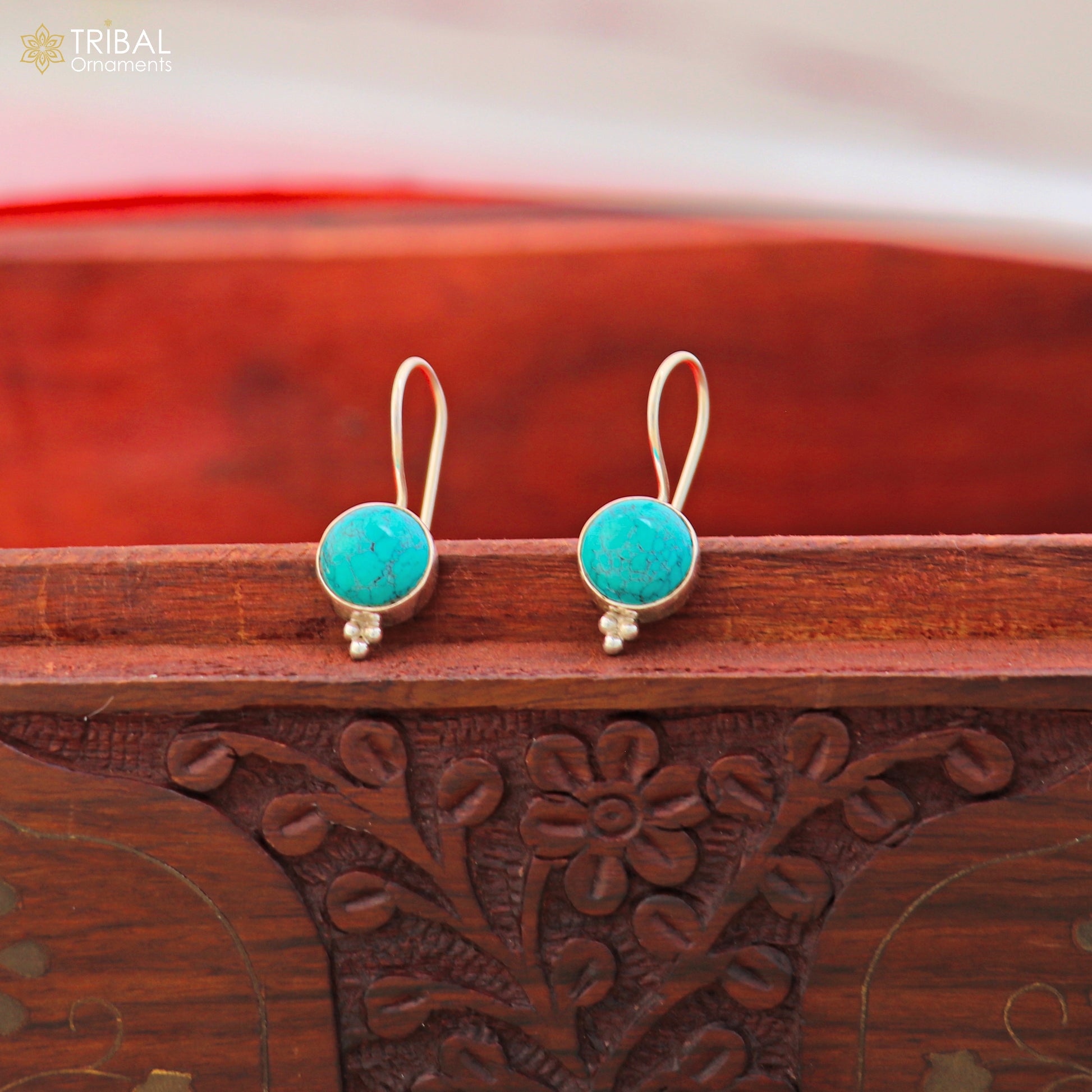 925 sterling silver round shape turquoise stone drop dangle earrings jewelry er266 - TRIBAL ORNAMENTS