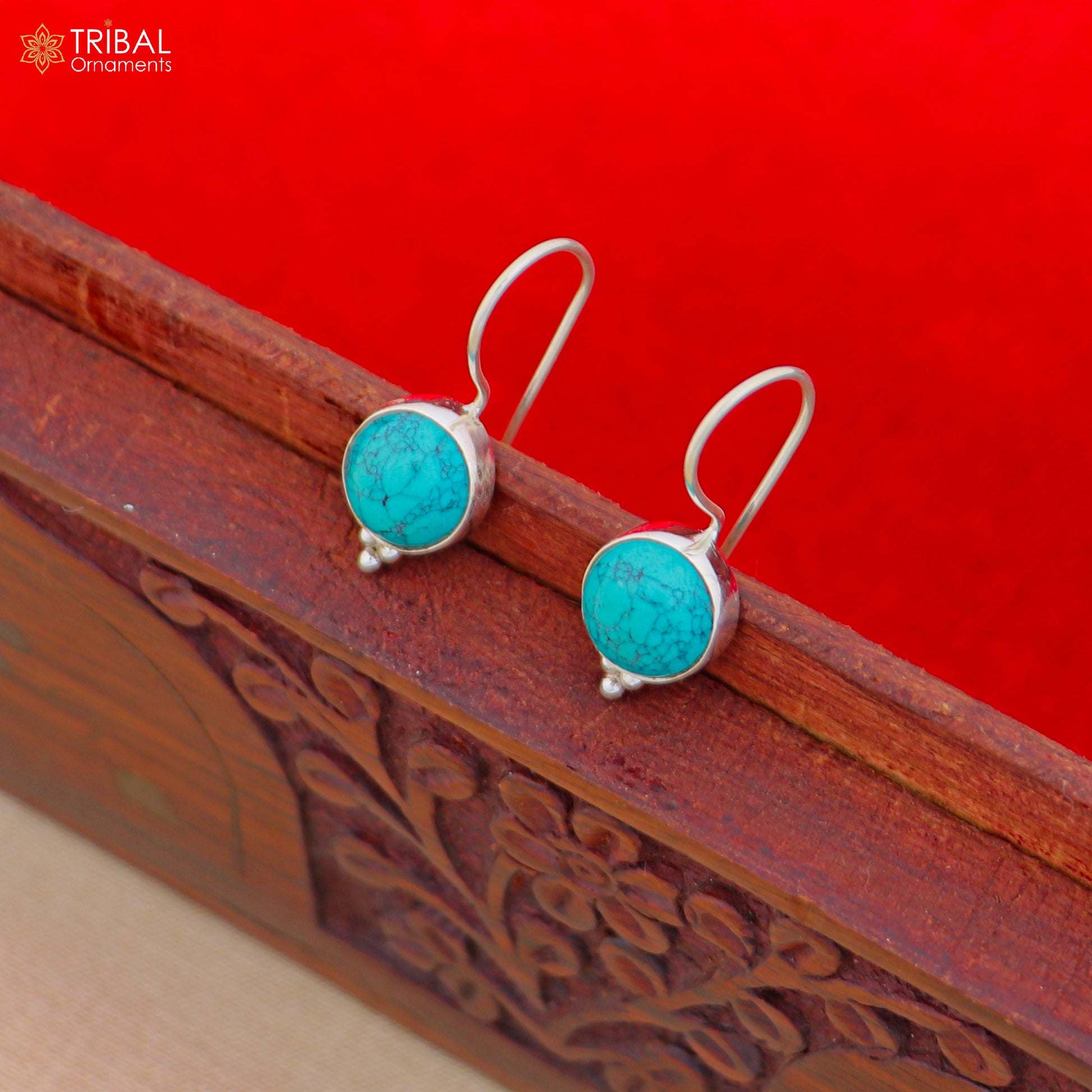 925 sterling silver round shape turquoise stone drop dangle earrings jewelry er266 - TRIBAL ORNAMENTS