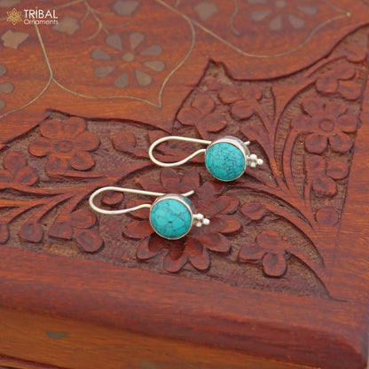 925 sterling silver turquoise drop earrings with round shape stones, dangle design, crafted by TRIBAL ORNAMENTS.
