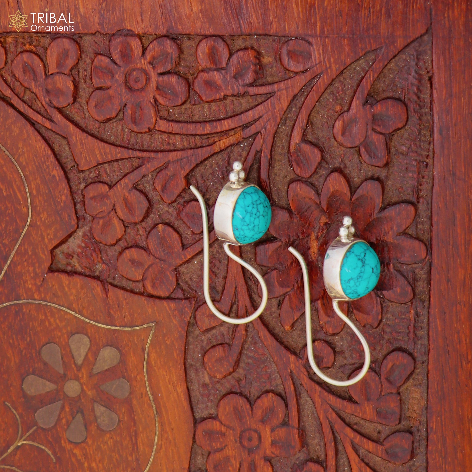 925 sterling silver round shape turquoise stone drop dangle earrings jewelry er266 - TRIBAL ORNAMENTS